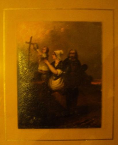J.DAVID (XIXème siècle) Piété familiale Huile sur carton, signée en bas à gauche....