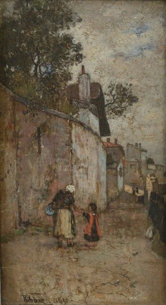 Rudolf RIBARZ (1848-1904) Famille dans la ruelle Huile sur panneau, signée en bas...