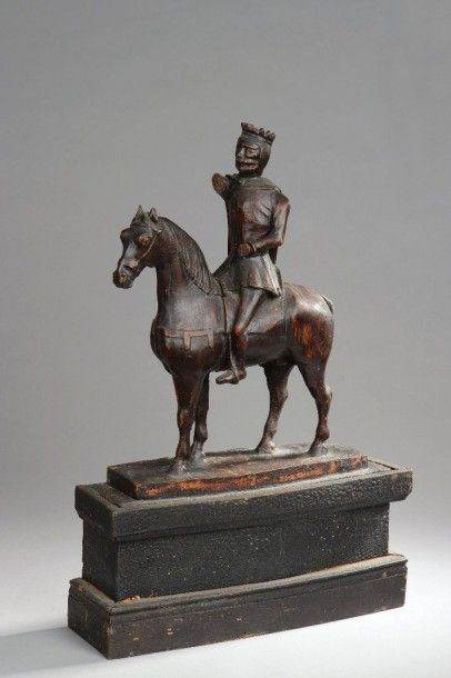 FRANCE, fin du XVIème siècle Charlemagne à cheval Sculpture en bois patiné (importants...