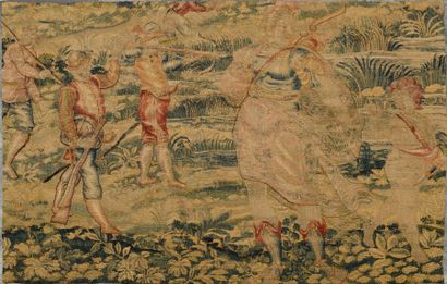 BRUXELLES Fragment de tapisserie à décor polychrome représentant une scène de chasse...
