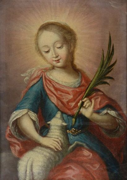 ECOLE ESPAGNOLE, fin XVIIème siècle Sainte Agnès Huile sur toile (réentoilé) 34 x...