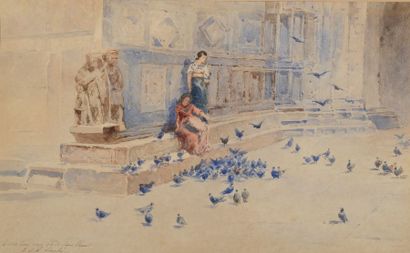 Ernest BOUCHE (XIX-XXème siècle) Pigeons, place Saint-Marc Aquarelle, signée en bas...