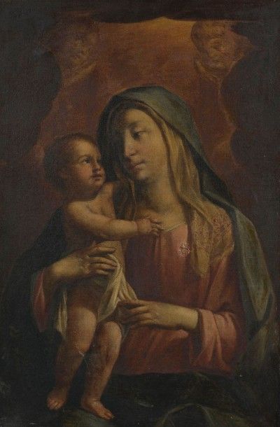 Ecole italienne XVIIème siècle Vierge à l'enfant Huile sur toile (réentoilé, trou...
