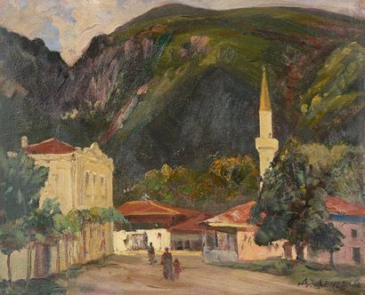 Danaïl DETCHEV Place de l'église dans la montagne bulgare, 1936 Huile sur toile signée...