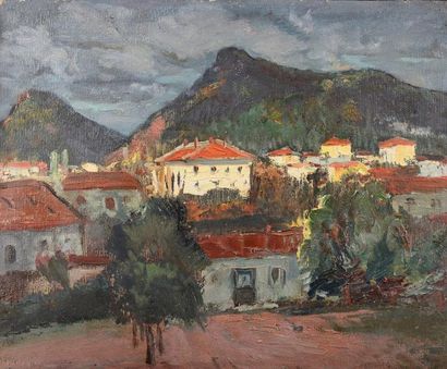 Danaïl DETCHEV Les colinnes de Plovdiv, 1939 Huile sur toile non signée, titrée et...