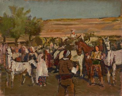 Danaïl DETCHEV Le Marché, 1940 Huile sur carton non signée, titrée et datée au dos...