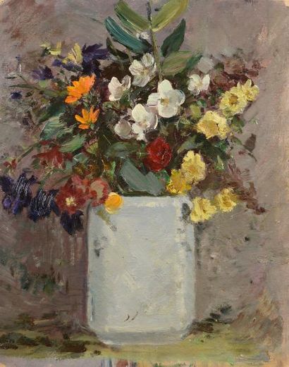 Danaïl DETCHEV Bouquet dans un vase blanc, 1957 Huile sur carton, non signée, située...