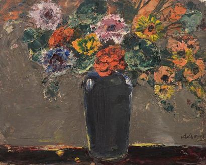 Danaïl DETCHEV Bouquet dans un vase noir, 1957 Huile sur carton, signée en bas à...