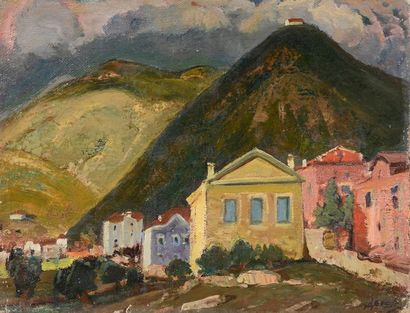 Danaïl DETCHEV Village dans la montagne, 1958 Huile sur toile signée en bas à droite...