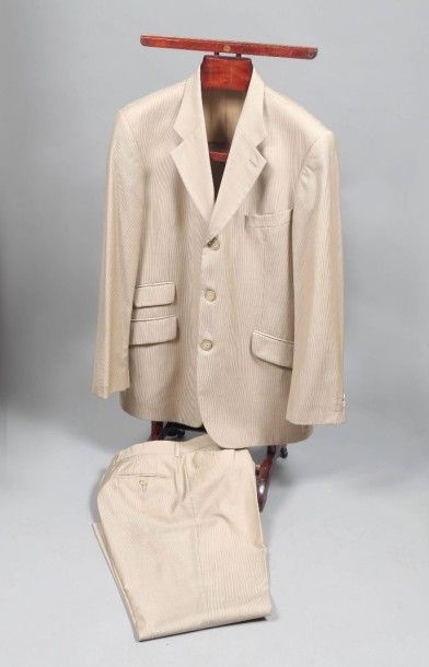 KENZO Homme Costume en laine à rayures beiges, veste à col cranté, simple boutonnage...