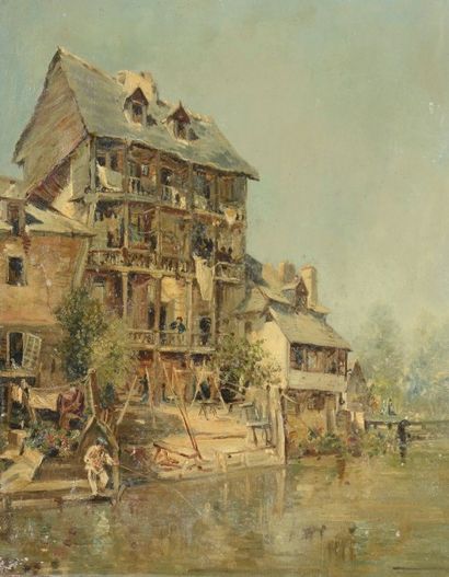 ECOLE FRANCAISE DU XIXème siècle Paysage au bord de l'eau Huile sur toile H. 40,5...