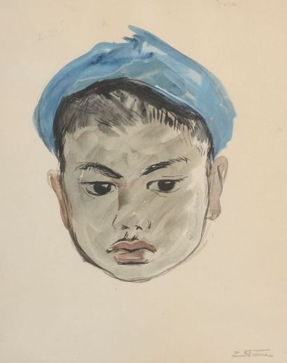 Élisabeth FAURE (1906-1964) Portrait de jeune asiatique Aquarelle et gouache signée...