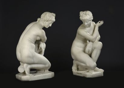 null STATUE en marbre blanc représentant"Vénus agenouillée", d'après l'antique. Style...