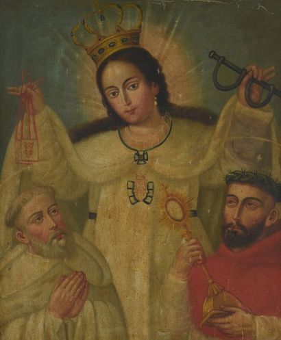 ECOLE LATINO-AMÉRICAINE vers 1800 Vierge de miséricorde, deux saints en partie basse...