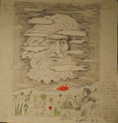Minos ARGYRAKIS (1920-1998) Homme devant le soleil Crayon de couleurs. 25 x 33 cm...
