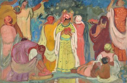 Augustin FERRANDO (1880-1957) Scène de fête en Algérie. Gouache, signée en bas. 40...