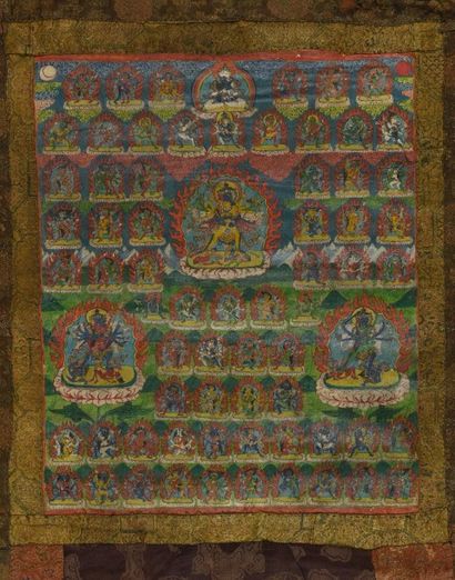 null THANGKA représentant soixante-dix bodhisattva et divinités bouddhistes. Inscription...