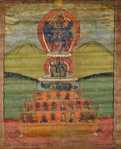 null THANGKA représentant un bodhisattva à cinq têtes, humaine et animales, reposant...