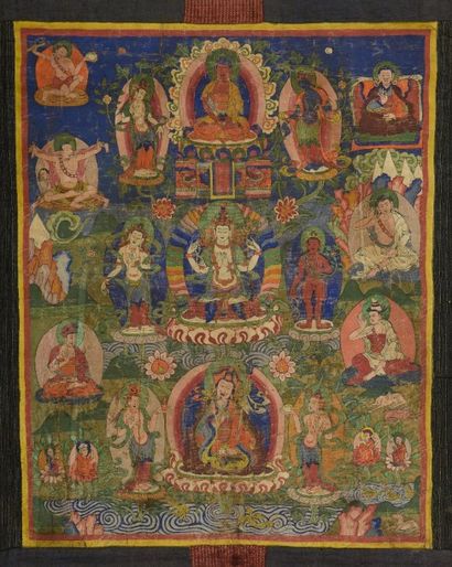 null THANGKA représentant un bodhisattva dans la partie centrale entouré de divers...