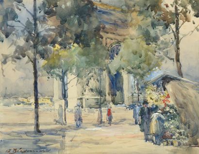 null ENSEMBLE de cinq aquarelles par Fedor BLAGONAVROV (1885-1961) Promeneurs en...