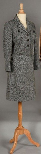 SAINT LAURENT Rive Gauche Tailleur en tweed de laine chinée noir, blanc et multicolore,...