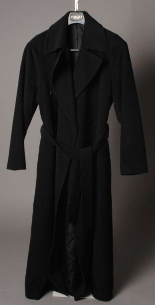 ANONYME Manteau en laine et angora noir, col cranté, double boutonnage, ceinture,...