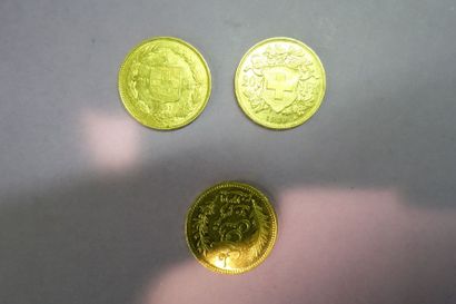 null Lot de pièces en or comrenant: - 2 pièces suisse 20F 1891- 1900 - 1 pièce 20...