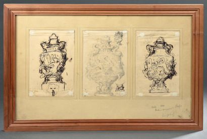 Henri CHAPU (1833-1891) 
Trois études de décor pour un vase.
Plume et crayon (petites...