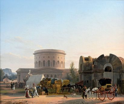 Auguste-Xavier LEPRINCE (1799-1826) 
À la barrière de la Villette, circa 1820.
Huile...