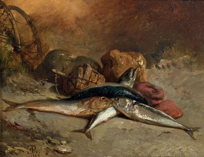 Eugène LE POITTEVIN (1806-1870) 
Retour de pêche.
Huile sur panneau, monogrammée»...