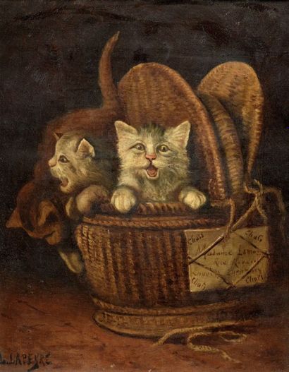 Lucien LAPAYRE (XIXe-XXe siècle) 
Les petits chats au panier.
Huile sur toile, Signée...