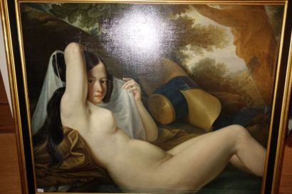 Attribué à Pieter van HANSELAERE (1786-1862) 
Jeune femme nue dans une rivière.
Toile.
59...