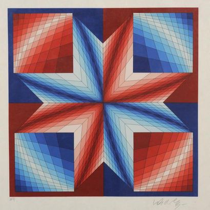 Victor VASARELY (1906-1997) Composition cinétique rouge et bleue Sérigraphie en couleur...