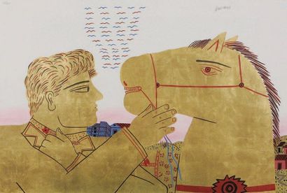 Alecos FASSIANOS (Né en 1935) Cavalier et son cheval Lithographie en couleur et feuille...