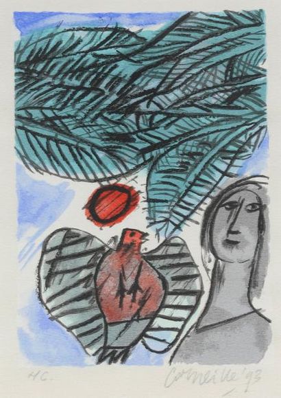 CORNEILLE (Né en 1922) Femme et oiseau, 1993 Gravure en couleur. Signée, datée et...