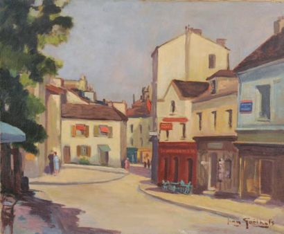 Jean GOETHALS Montmartre, rue Norvins Huile sur toile. Signée en bas à droite Etiquette...