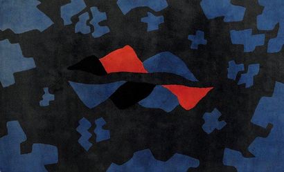 Jean VERAME Tapis en laine à décor de formes libres bleues, noires et rouges - Signé...