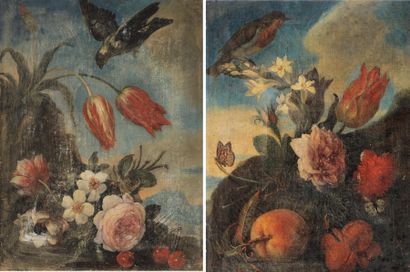 Attribué à Johann Rudolf BYSS (1660-1738) Fleurs, cerises et oiseau dans un paysage...