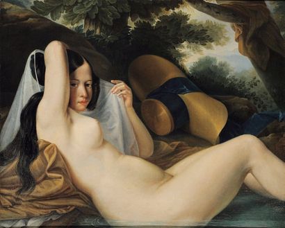 Attribué à Pieter van HANSELAERE (1786 - 1862) Jeune femme nue dans une rivière Toile...