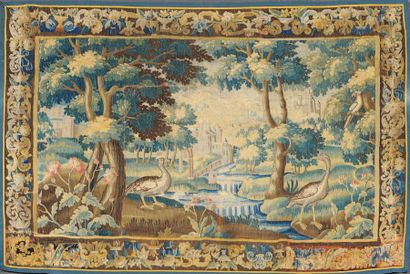 null TAPISSERIE d'AUBUSSON à décor polychrome de canards dans un paysage avec un...