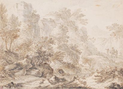 Attribué à Andrea LOCATELLI (1693 - 1741) Paysage animé à la cascade Plume et encre...
