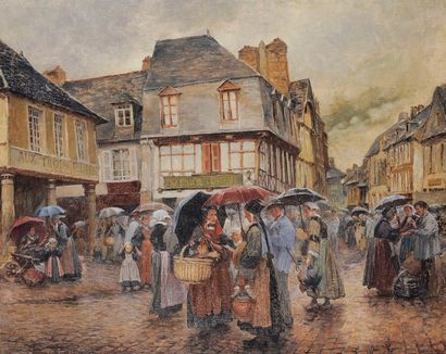 Pierre-Louis CADRE (c.1890-?) Jour de marché à Pontivy Huile sur toile, signée en...