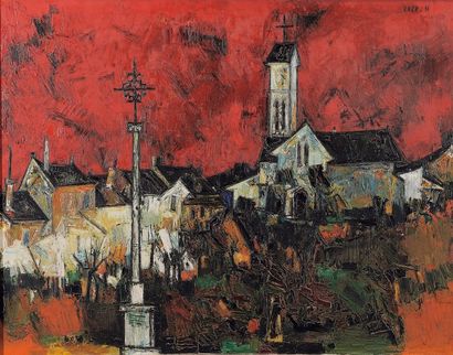 Sayed Haider RAZA (1922) Village au calvaire et église au ciel rouge, 1956 Huile...