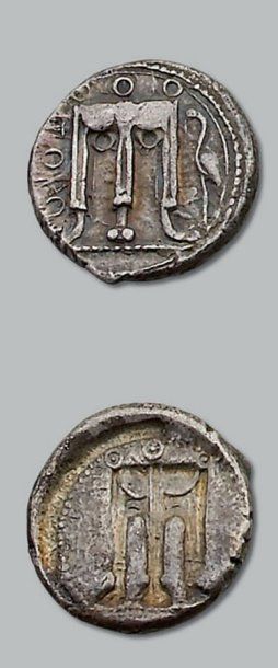 null - Statère (550-480 av. J.-C.). 7,70 g. Trépied ; cigogne à d. R/Trépied incus....