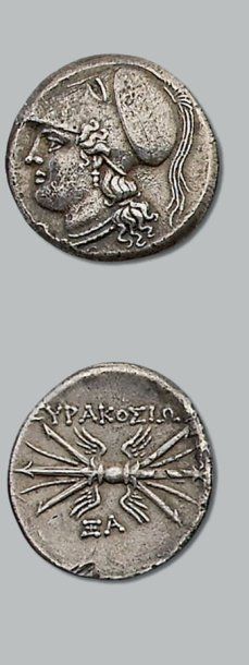 null - Huit litrae. (214-212 av. J.-C.). 6,48 g. Démocratie. Tête d'Athéna à g.,...