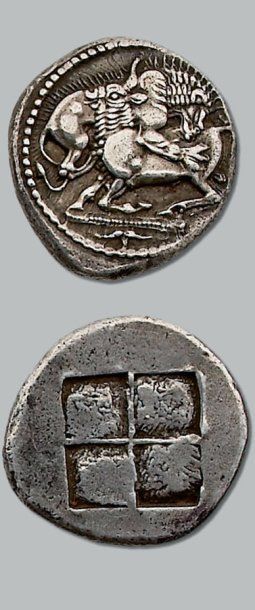 null - Chalcidique : Acanthe (510-480 av. J.-C.). Tétradrachme. 17,12 g. Lion dévorant...