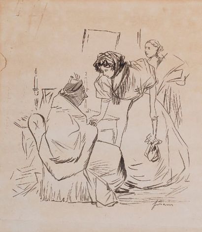 Jean-Louis FORAIN (1852-1931) Visite à une vieille dame Dessin à la plume, signé...