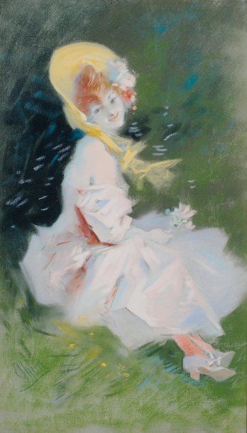 Jules CHÉRET (1836-1932) Elégante assise Pastel sur toile, signé en bas à gauche....
