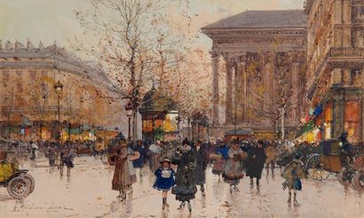 Eugène GALIEN-LALOUE (1854-1941) La Madeleine sous la pluie Aquarelle gouachée, signée...