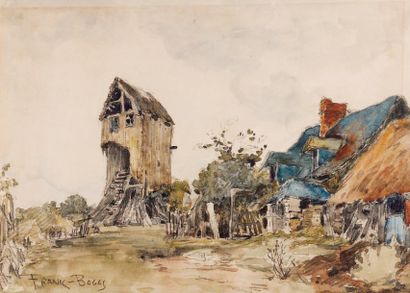 FRANK-BOGGS (1855-1926) Moulin et chaumières Aquarelle, signée en bas à gauche. Papier...